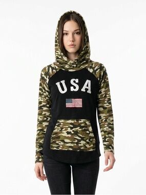 LuLaRoe Amber lightweight Camo Sleeve USA Graphic Hoodie - Black & Olive